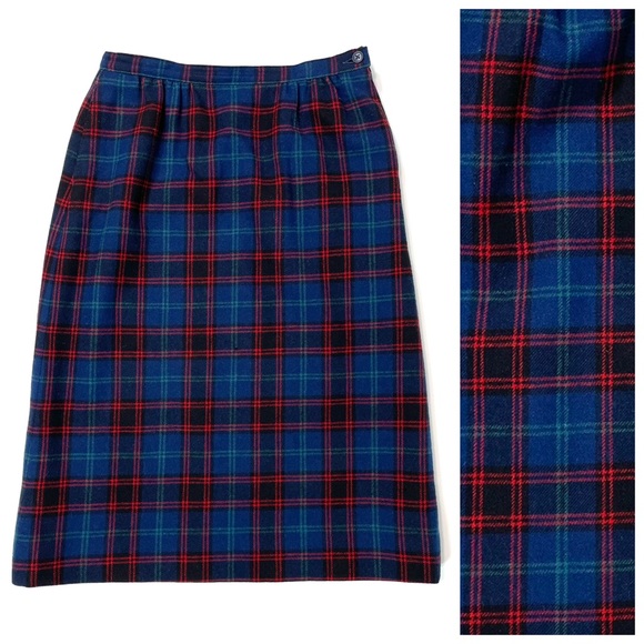 Vintage Pendleton Wool Blue and Red Plaid A-Line Knee Skirt Size 6 - Picture 1 of 9